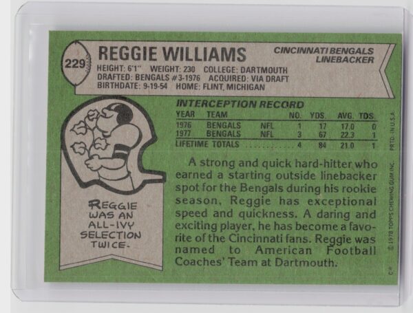 1978 Topps Reggie Williams RC #229 Bengals - Image 3
