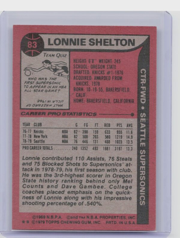 1979-80 Topps Lonnie Shelton #83 SuperSonics - Image 3