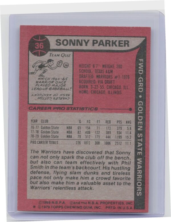 1979-80 Topps Sonny Parker #36 Warriors - Image 3