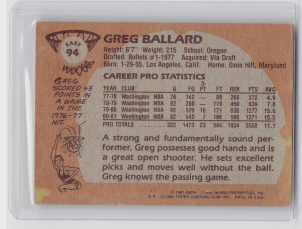 1981-82 Topps Greg Ballard #E94 Bullets - Image 3