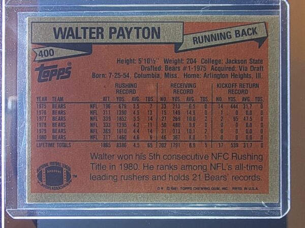 1981 Topps Walter Payton #400 Bears - Image 3