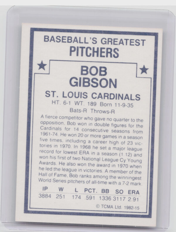 1982 TCMA Baseball's Greatest Pitchers (White Back) Bob Gibson #15 Cardinals - Image 3