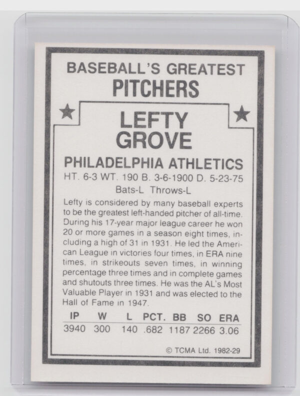 1982 TCMA Baseball's Greatest Pitchers (White Back) Lefty Grove #29 Athletics - Image 3