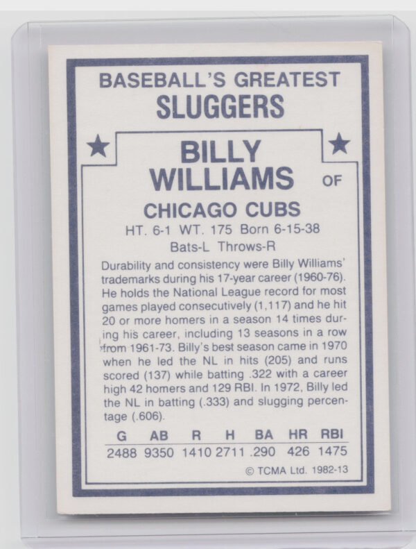 1982 TCMA Baseball's Greatest Sluggers (White Back) Billy Williams #13 Cubs - Image 3