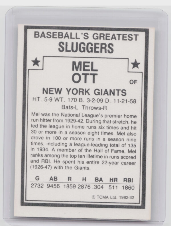 1982 TCMA Baseball's Greatest Sluggers (White Back) Mel Ott #32 Giants - Image 3