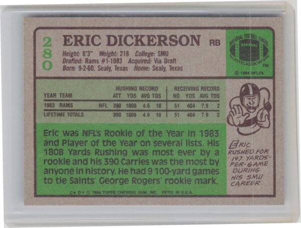 1984 Topps Eric Dickerson RC VAR #280 Rams - Image 3