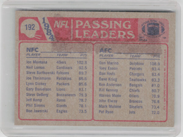 1985 Topps Dan Marino / Joe Montana #192 49ers - Image 3
