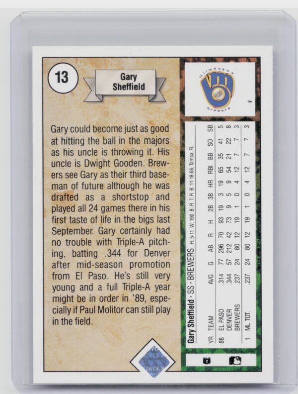 1989 Upper Deck Gary Sheffield RC #13 Brewers - Image 3