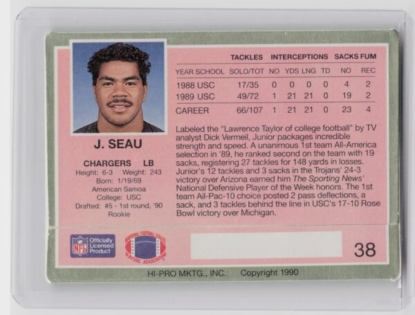 1990 Action Packed Rookie/Update Junior Seau RC #38 Chargers - Image 3
