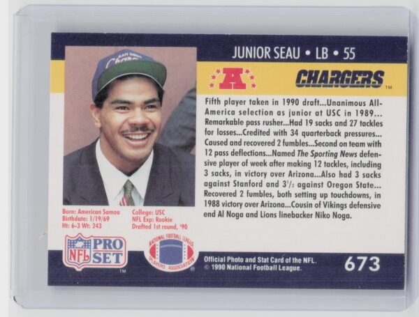 1990 Pro Set Junior Seau RC #673 Chargers - Image 3