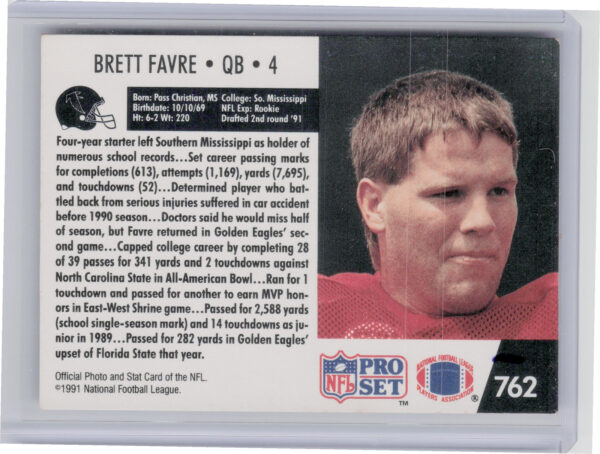 1991 Pro Set Brett Favre RC #762 Falcons - Image 3