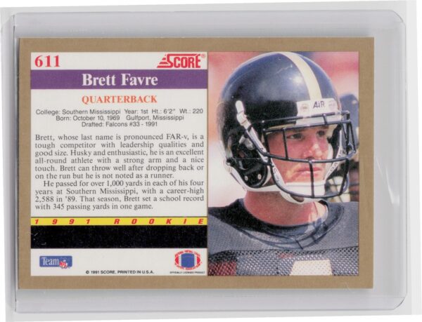 1991 Score Brett Favre RC #611 Eagles - Image 3