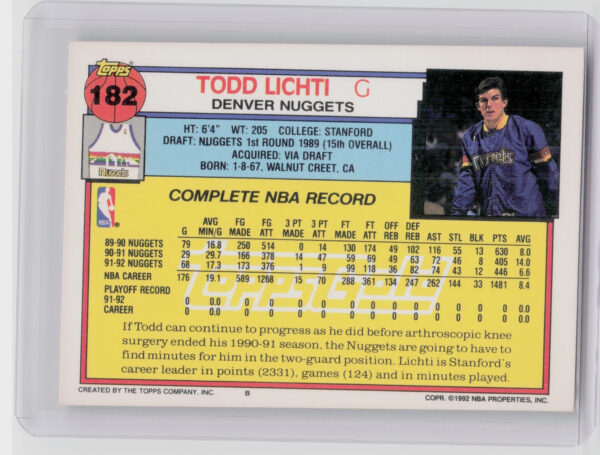 1992-93 Topps Todd Lichti Gold #182 Nuggets - Image 3