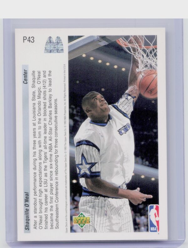 1992-93 Upper Deck McDonald's Shaquille O'Neal #P43 Magic - Image 3