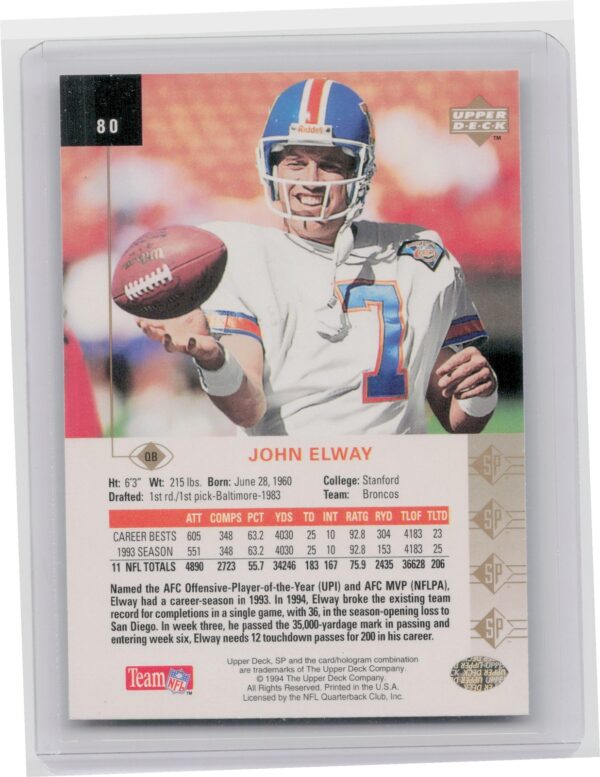 1994 SP John Elway #80 Broncos - Image 3