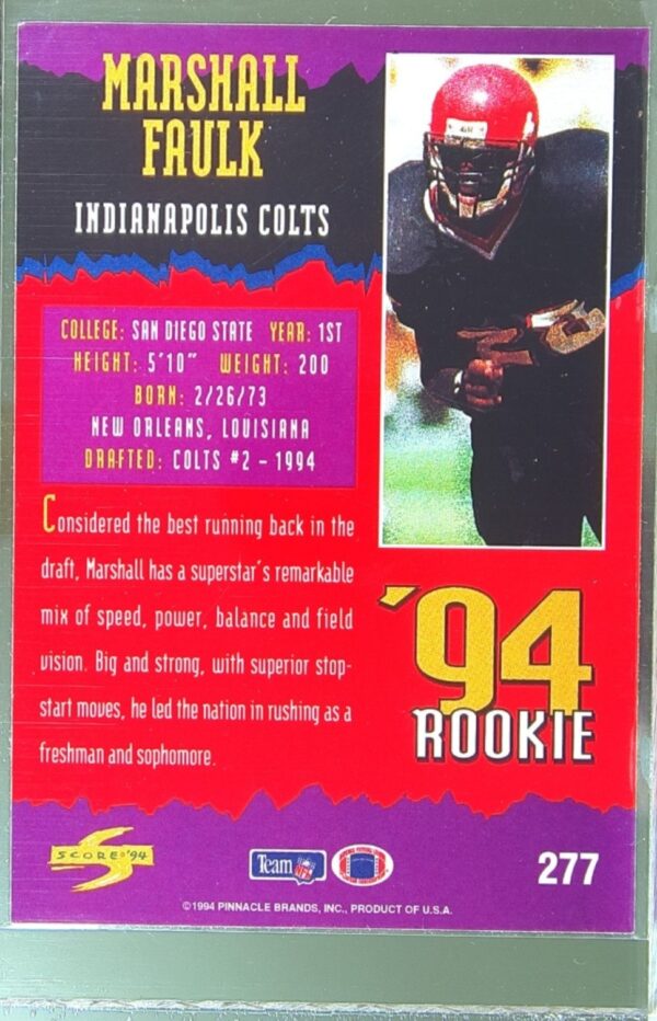 1994 Score Marshall Faulk RC #277 Colts - Image 3