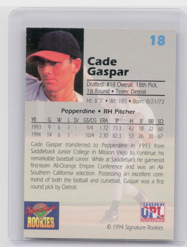 1994 Signature Rookies Draft Picks Cade Gaspar AU SN7750 #18 Tigers Signatures - Image 3