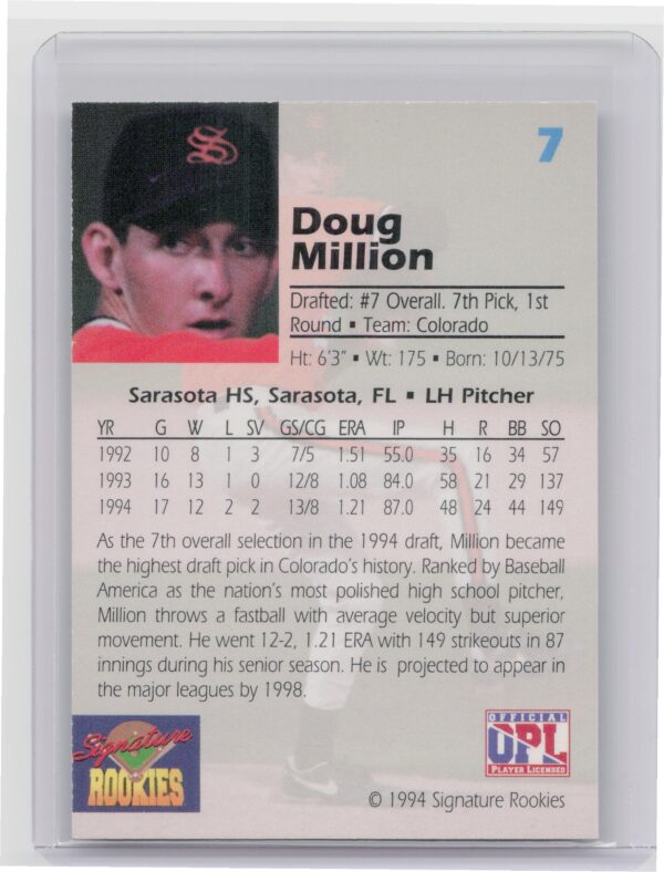 1994 Signature Rookies Draft Picks Doug Million AU SN7750 #7 Rockies Signatures - Image 3