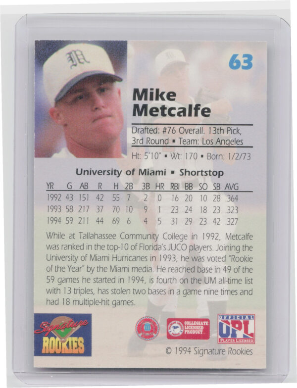 1994 Signature Rookies Draft Picks Mike Metcalfe AU SN7750 #63 Dodgers Signature - Image 3