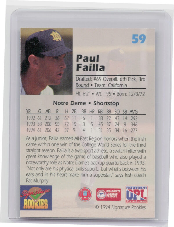 1994 Signature Rookies Draft Picks Paul Failla AU SN7750 #59 Angels Signatures - Image 3
