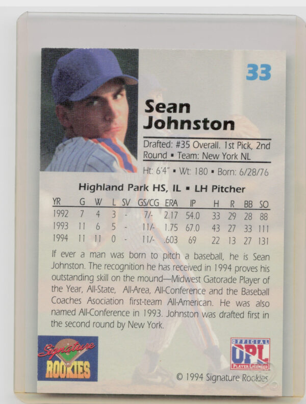 1994 Signature Rookies Draft Picks Sean Johnston AU SN7750 #33 Mets Signatures - Image 3