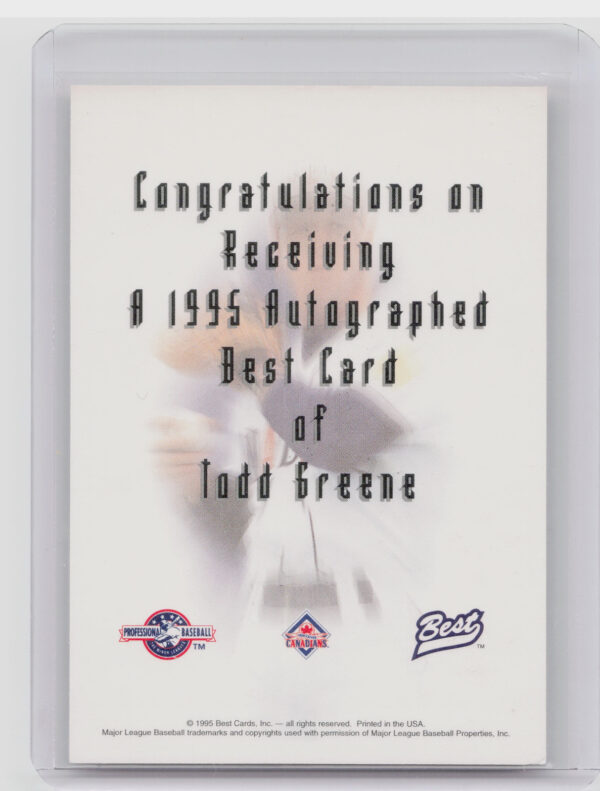 1995 Best Todd Greene AU #NNO Canadians Autographs - Image 3