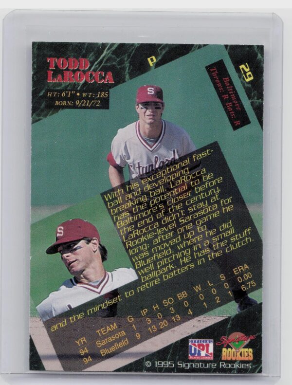 1995 Signature Rookies Todd LaRocca Auto /5750 #29 Orioles Signatures - Image 3