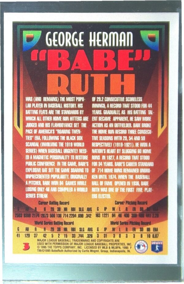 1995 Topps Babe Ruth #3 Yankees 100th Birthday - Image 3