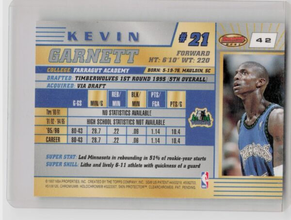 1996-97 Bowman's Best Kevin Garnett #42 Timberwolves - Image 3