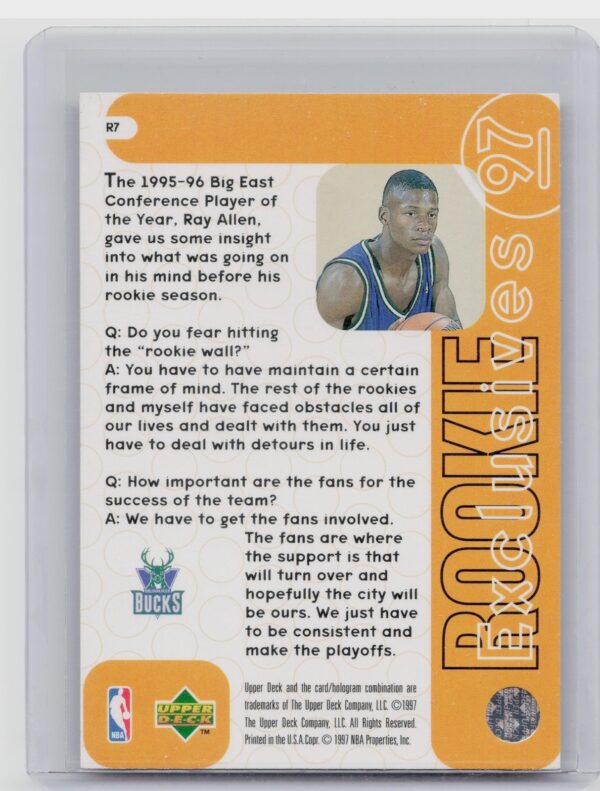 1996-97 Upper Deck Ray Allen #R7 Bucks Rookie Exclusives - Image 3