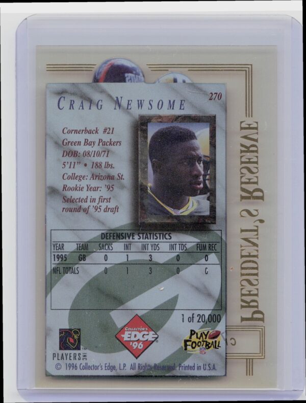 1996 Collector's Edge President's Reserve Craig Newsome #270 Packers - Image 3