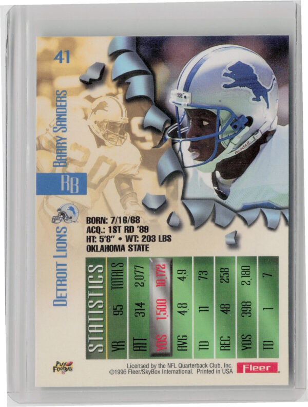 1996 Fleer Metal Barry Sanders #41 Lions - Image 3