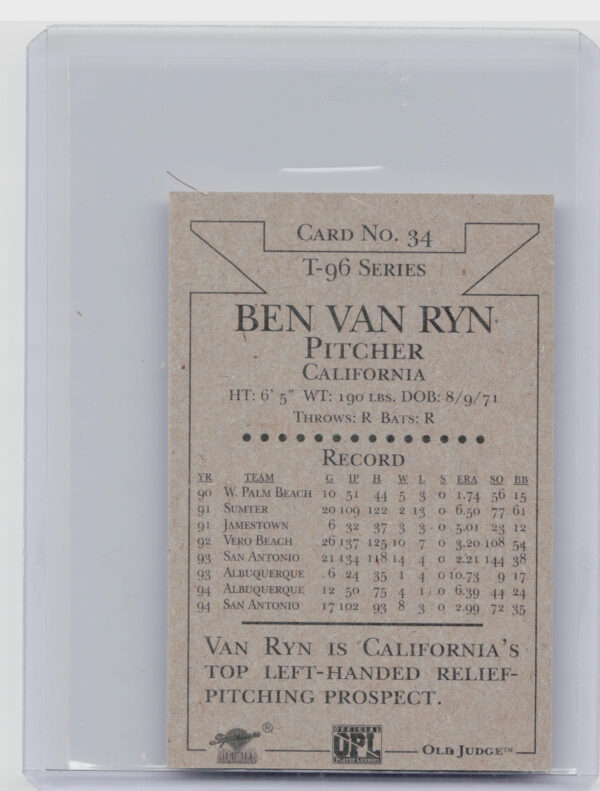 1996 Signature Rookies Old Judge Ben Van Ryn AU SN6000 #34 Dukes Signatures - Image 3