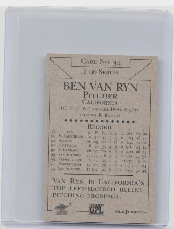 1996 Signature Rookies Old Judge Ben Van Ryn AU SN6000 #34 Dukes Signatures - Image 3