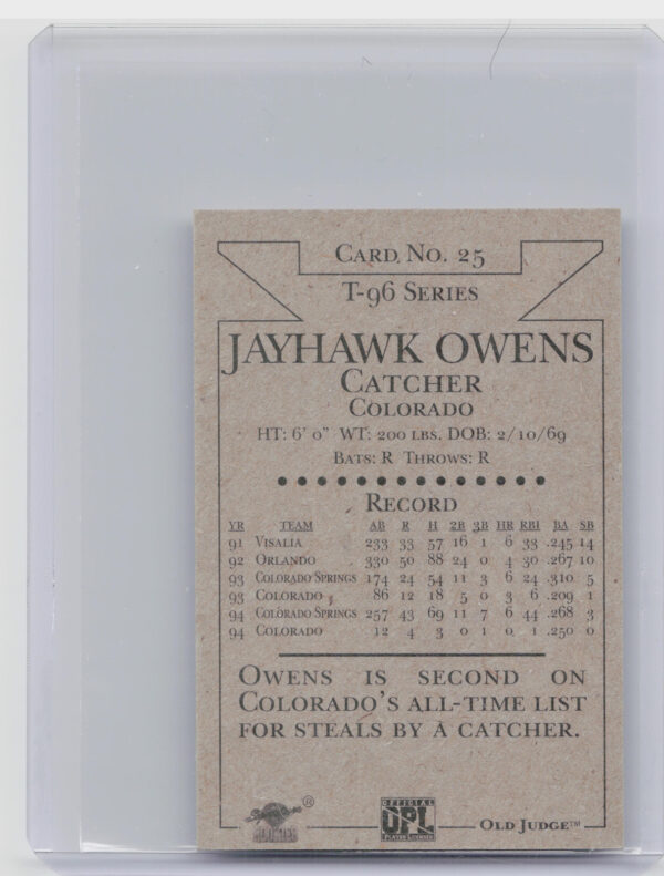 1996 Signature Rookies Old Judge Jayhawk Owens AU SN6000 #25 Sox Signatures - Image 3