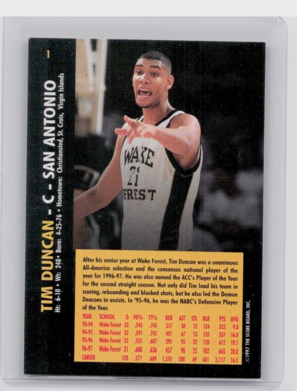 1997-98 Score Board Rookies Tim Duncan #1 Deacons - Image 3