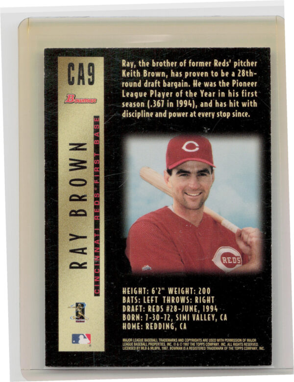 1997 Bowman Ray Brown AU #CA9 Reds Certified Autographs Blue Ink - Image 3