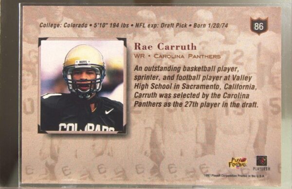 1997 Playoff Absolute Beginnings Rae Carruth RC #86 Panthers - Image 3