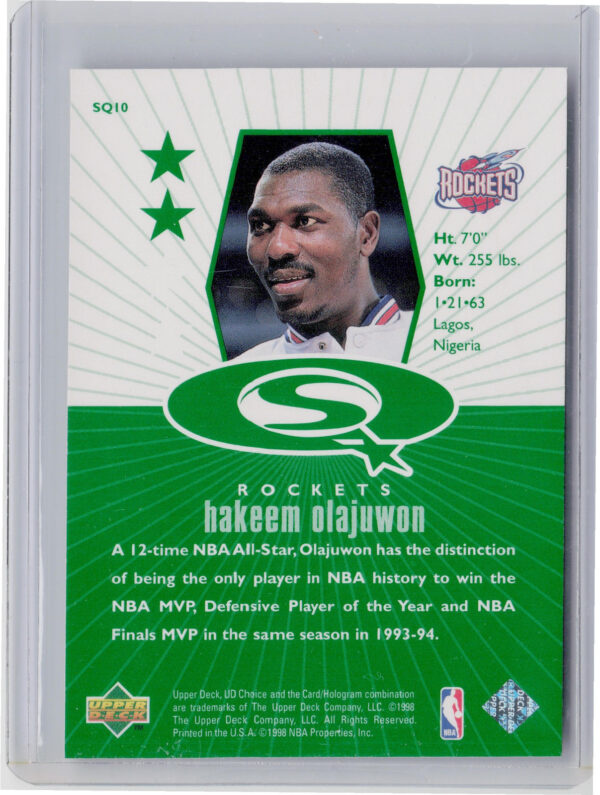 1998-99 UD Choice Hakeem Olajuwon #SQ10 Rockets StarQuest Green - Image 3