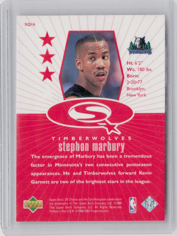 1998-99 UD Choice Stephon Marbury #SQ16 Timberwolves StarQuest Red - Image 3