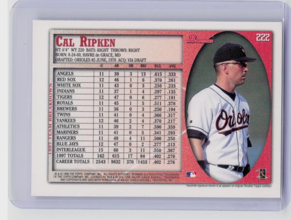 1998 Bowman Cal Ripken International #222 Orioles - Image 3