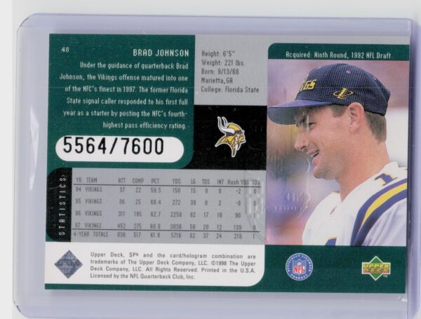 1998 SPx Finite Brad Johnson /7600 #48 Vikings - Image 3