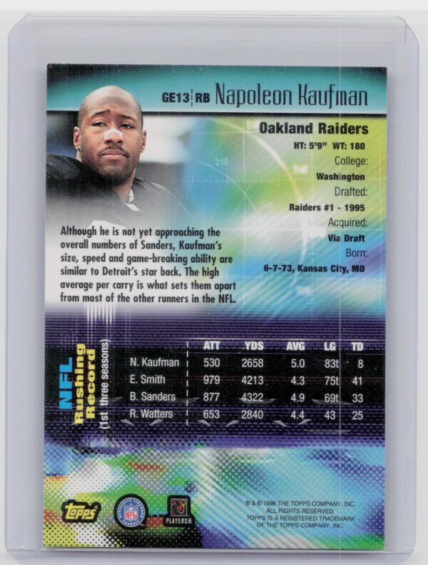 1998 Topps Napoleon Kaufman #GE13 Raiders Generation 2000 - Image 3