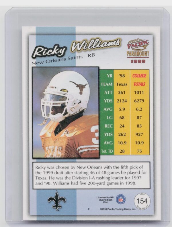 1999 Pacific Paramount Ricky Williams Gold #154 Saints - Image 3