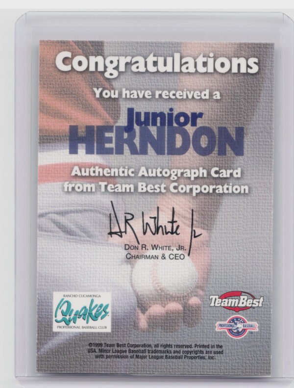 1999 Team Best Rookie Junior Herndon AU #NNO Quakes Autographs - Image 3