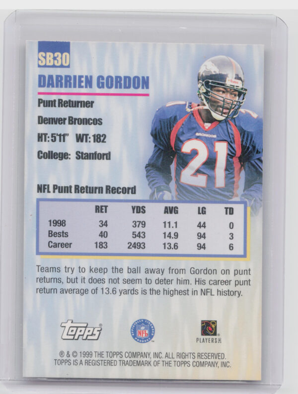 1999 Topps Darrien Gordon #SB30 Broncos Season's Best - Image 3