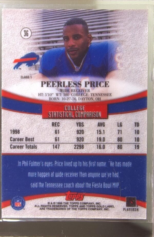 1999 Topps Gold Label Peerless Price RC #36 Bills - Image 3