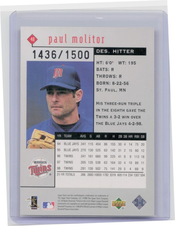 1999 UD Black Diamond Paul Molitor Triple /1500 #48 Twins - Image 3