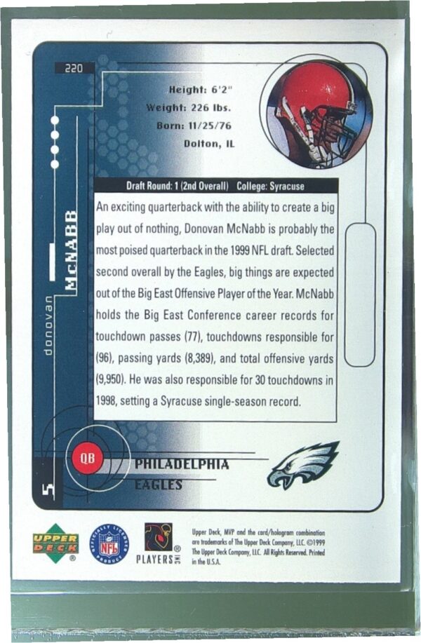 1999 Upper Deck MVP Donovan McNabb RC #220 Eagles - Image 3