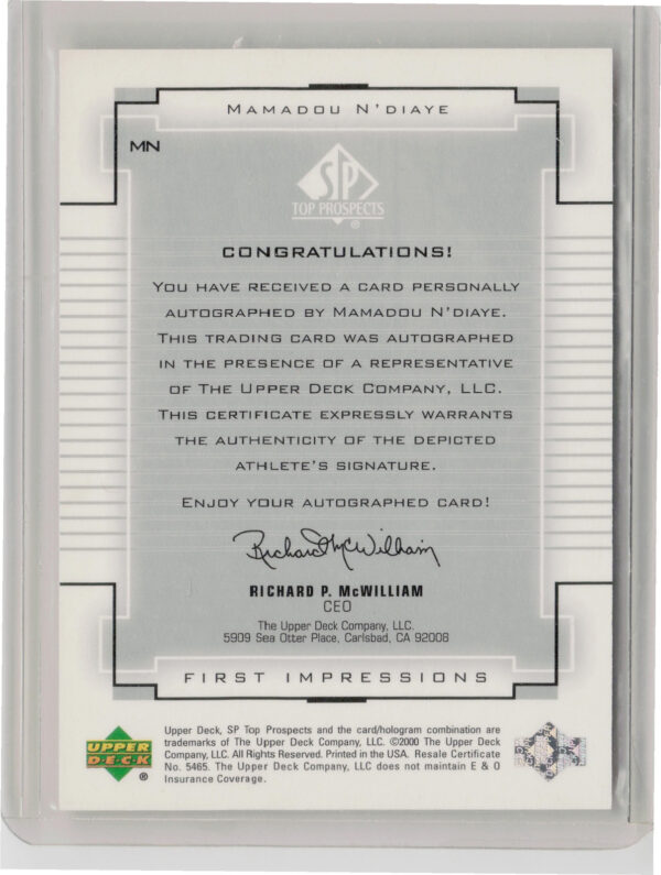 2000-01 SP Top Prospects Mamadou N'Diaye AU #MN Tigers First Impressions - Image 3